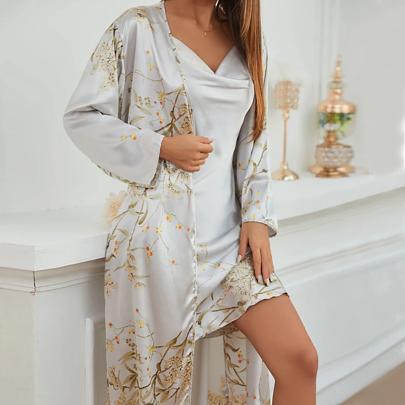 High Quality Women's Silk Lace-up Robe Skirt Two-piece Set All-season Home Wear Thin Bathrobe Loose Long Ladies Pajamas