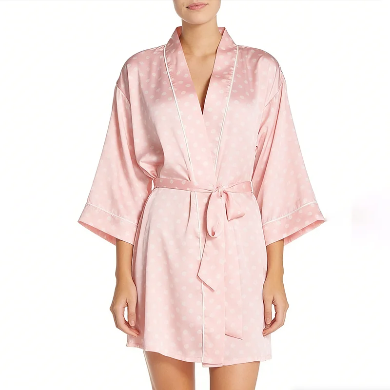 High Quality Women's Summer Breathable Robes Customized Logo Elastic Waist Closure Solid Short Sleeve