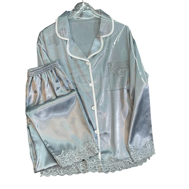 High class Sense of Simplicity and Leisure Women's Pajamas Long sleeved Trousers Ice Lace Lace Lapel Loungewear