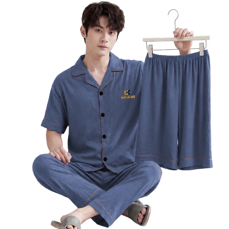 High-end Men's Sleepwear Lightweight Stylish Notched-collar Teenage Cardigan Short-sleeve 3-piece Set