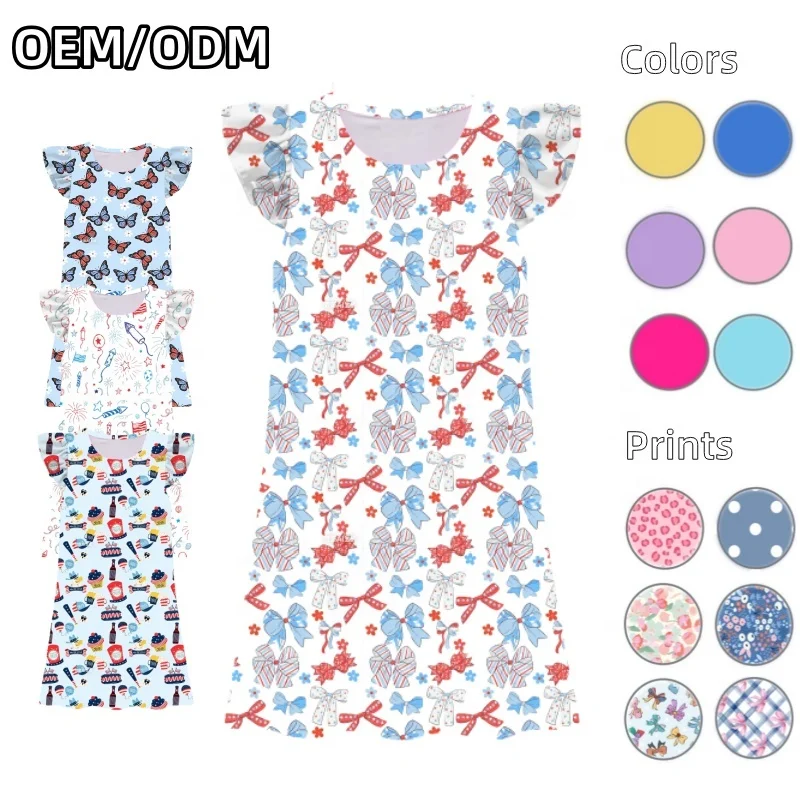 Hippo Kids 4th July Girls Nightgowns Milk Silk Leisure Dress Printed July Fourth Clothing For Little Girls Customized Dresses