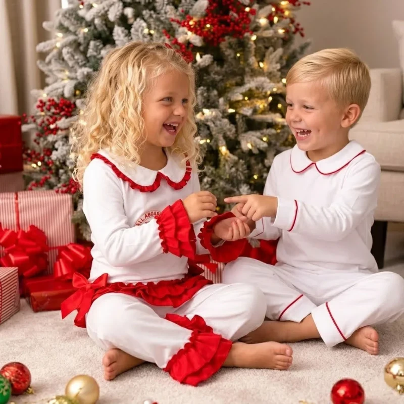 Holiday Kids Clothing Christmas Pajamas Set Trim PJ Sets Xmas Family Matching Pajamas for Boys