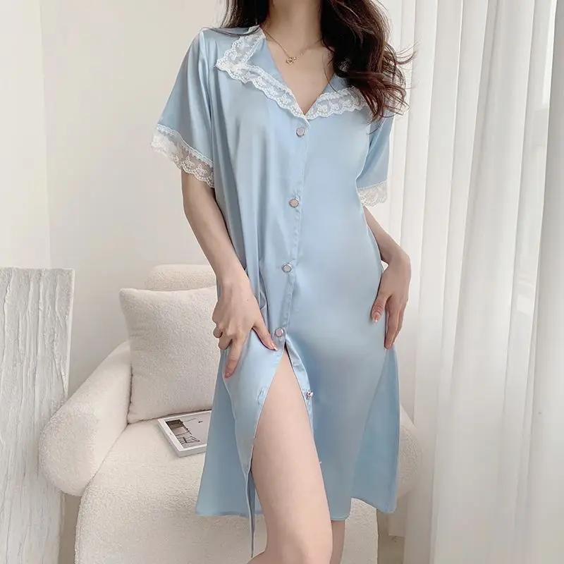 Hot Summer Nightdress Women Ice Thin Short sleeved Cardigan Lapel Sexy Lace Sweet Comfortable Home Dress Skirt Nightdress