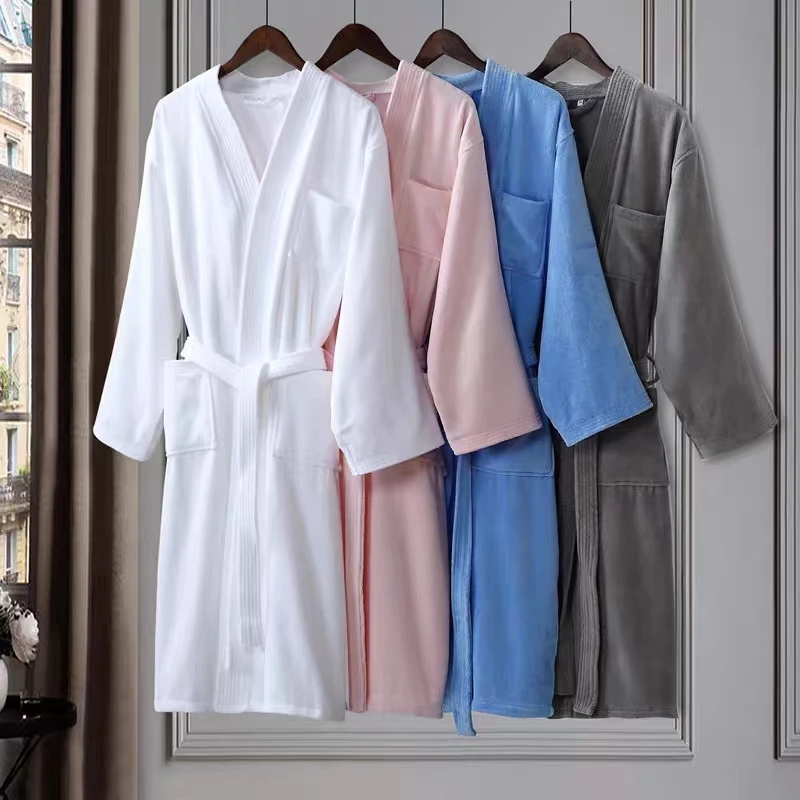 Hotel Kimono Collar Long Sleeve Thermal Cotton Absorbent Cut Pile Embroidered Logo Men's Bathrobe White