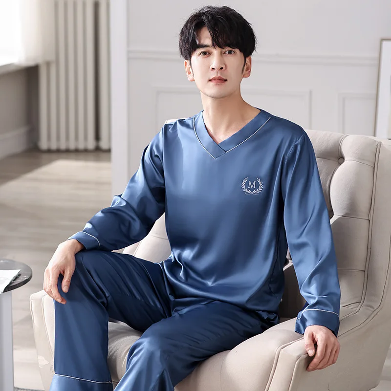 Ice Silk Breathable Stretch Comfortable Warmth Men's Pajamas Winter Spring Autumn Long sleeved Trousers Homewear Thin Loose Plus