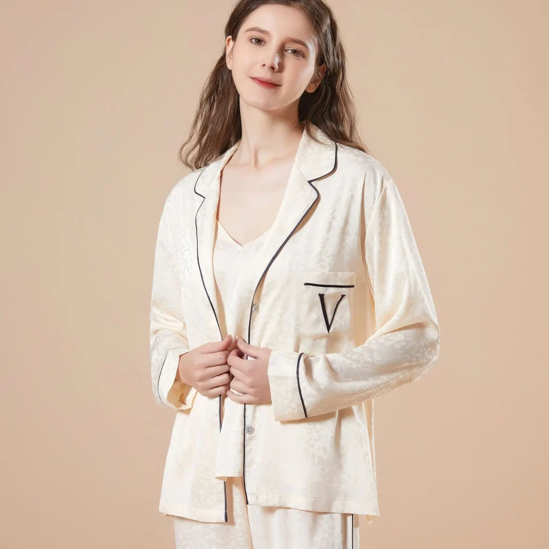 Ice Silk Embroidered Pajamas Women's Spring Summer Thin Long Sleeve Hanging