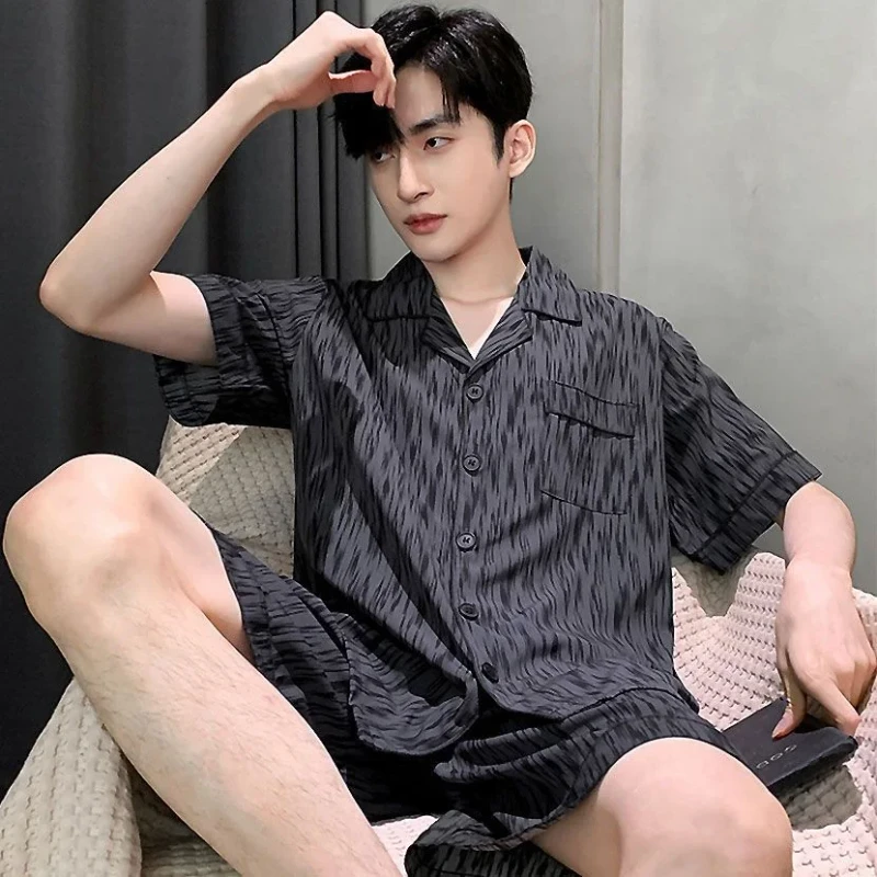 Ice Silk Men's Pajamas Summer Short Sleeved Shorts Thin Casual Breathable Comfortable Black Homewear Large Size