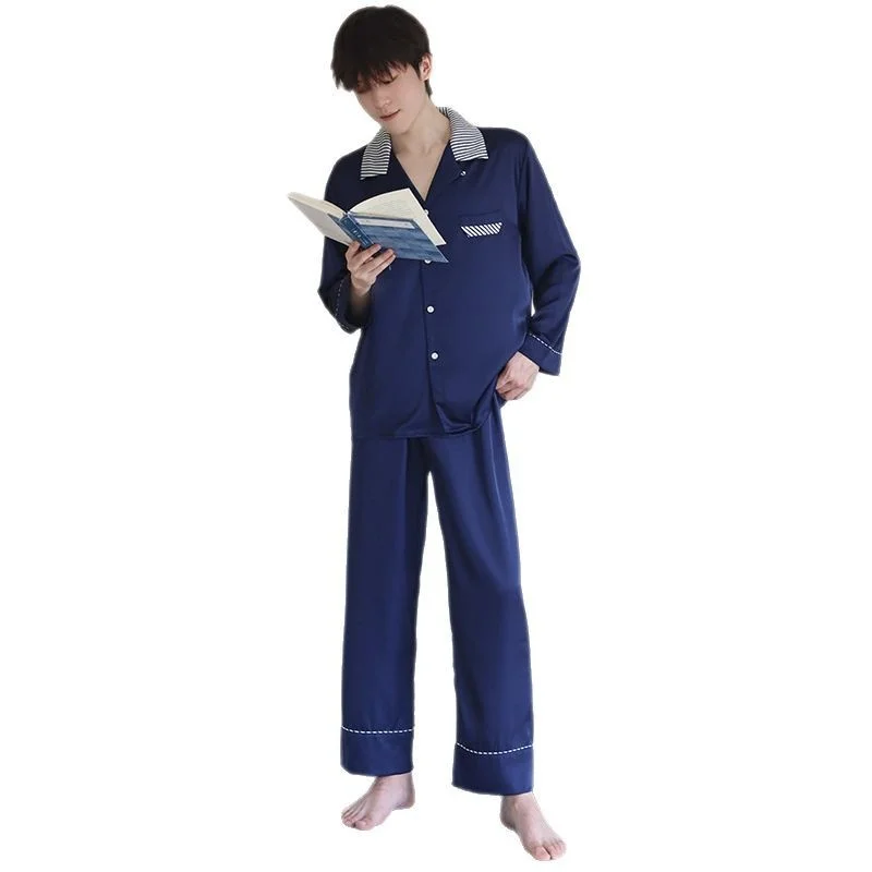 Ice Silk Pajamas Men's Beach Stripes Long-Sleeved Pants Set for Summer Outside Wear