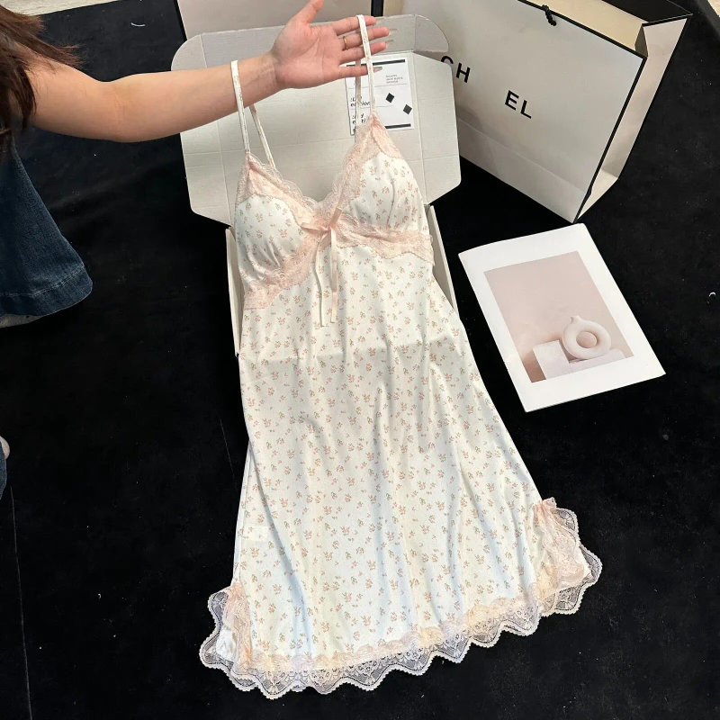Ice Silk Ribbed V Neck Camisole Nightdress Removable Chest Pads Lace Bow Floral Print Summer Home Wear Ladies' Nightgown