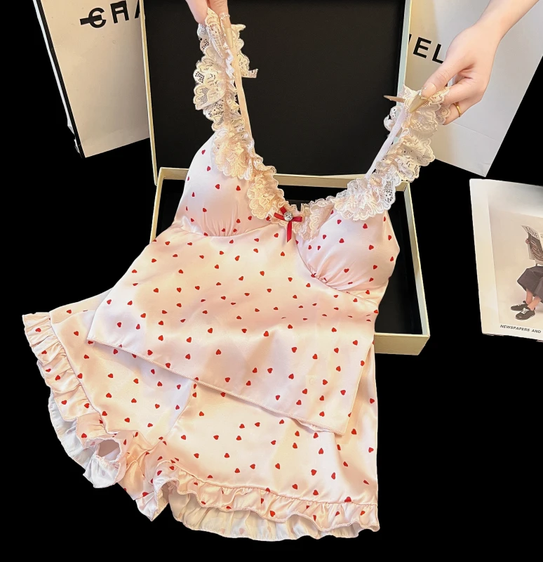 Ice Silk Ribbed V Neck Cozy Camisole 2 Piece Set Removable Chest Pads Lace Floral Summer Plain Dyed Sexy Homewear Ladies Pajamas