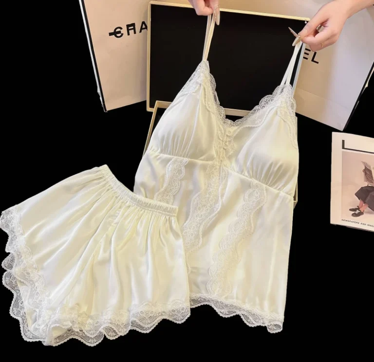 Ice-Silk-Ribbed-V-Neck-Cozy-Camisole-2-Piece-Set-Removable-Chest-Pads-Lace-Floral-Summer-Sexy-Homewear-Ladies-Nightgown