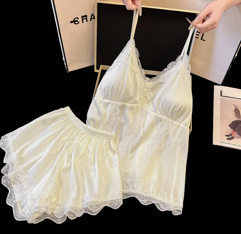 Ice Silk Ribbed V Neck Cozy Camisole 2 Piece Set Removable Chest Pads Lace Floral Summer Sexy Homewear Ladies' Nightgown