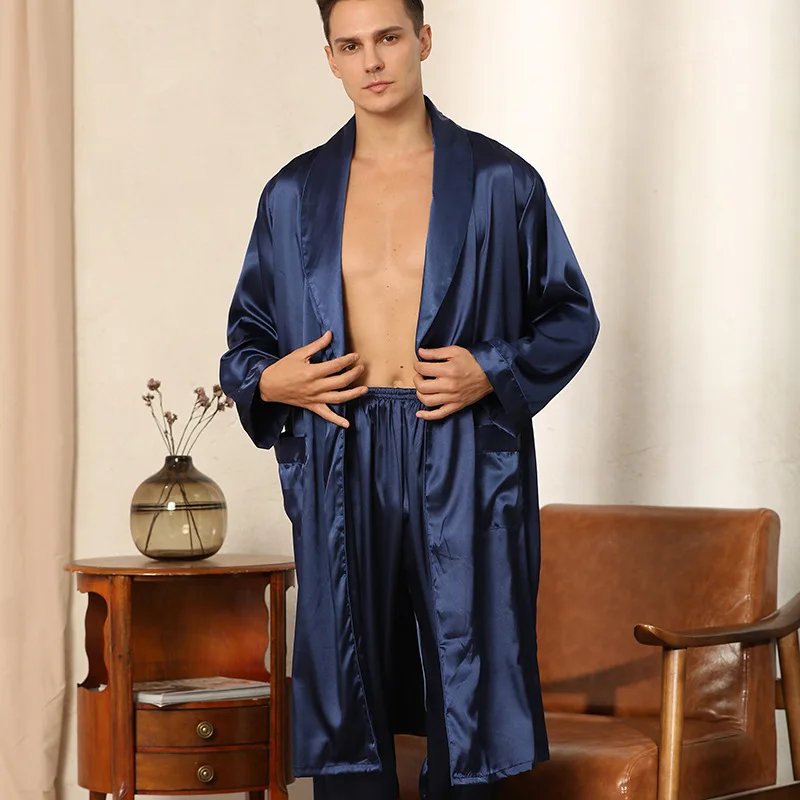 Imitation Silk Satin Chiffon Woven Breathable Long Sleeve 2-Piece Men's Summer Bathrobe Pajama Set Solid Pattern Pockets
