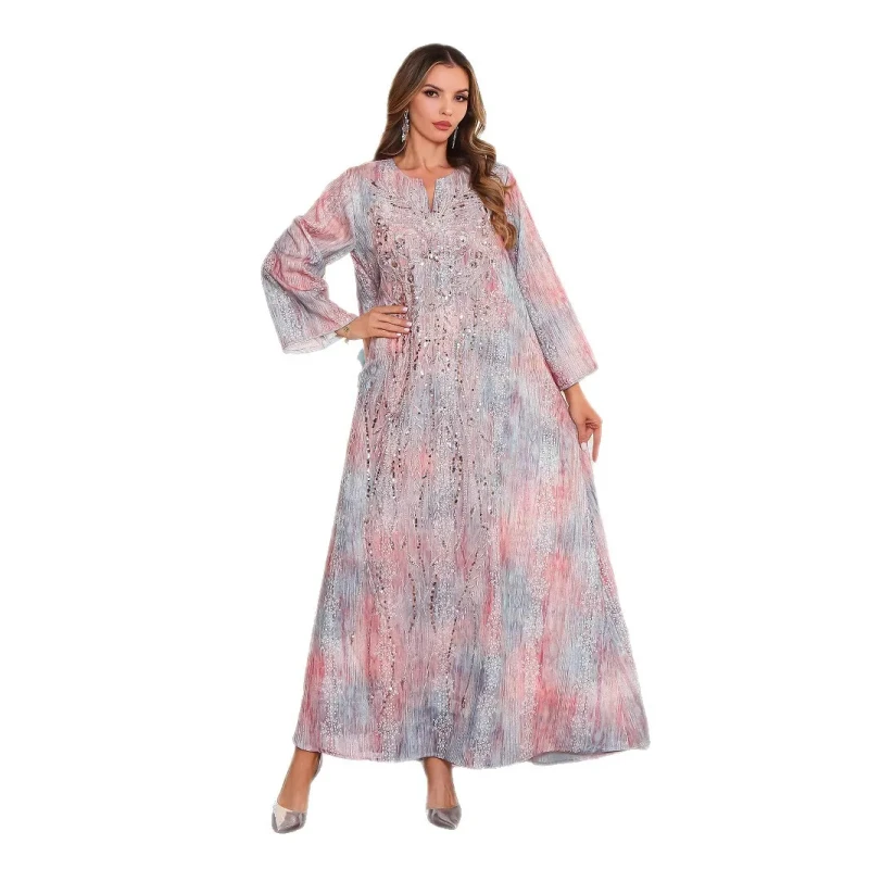 In-stock Muslim Women's Dress Middle Eastern Abaya Elegant Fashionable Printed Sequin Robe Organza Fabric Faux Fur Garment Dyed