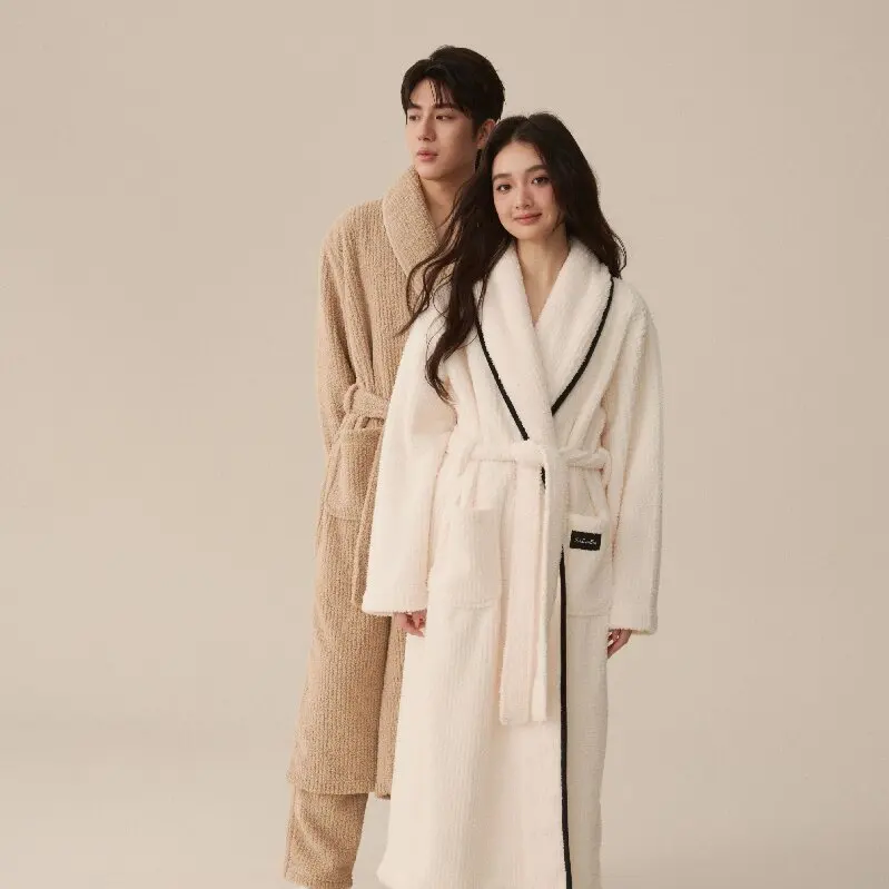 In stock Women's Bathrobe for Autumn and Winter Coral Fleece Men's Bathrobe Couple's Pajama Set Extra long Thickened Bathrobe