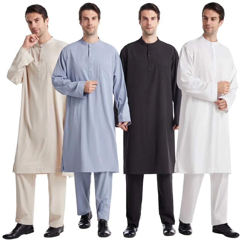 Islamic Men's Muslim Clothing Set Long Sleeve Thobe Pants Kaftan Solid Design Button Polyester Anti pilling Summer Autumn Spring