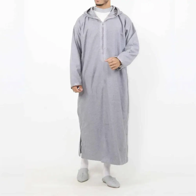 Islamic Men's Thobe Thawb Hooded Long Sleeve Arab Dress Breathable Loose Fit Polyester Ankle Length Spring