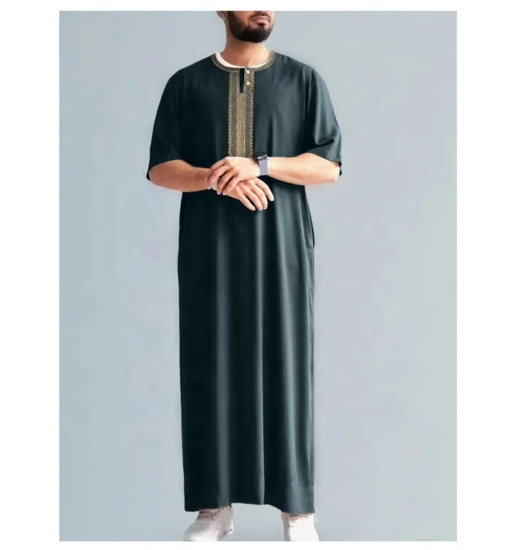 Islamic Muslim Men's Solid Color Short Sleeve Classic Embroidery Robe Dubai Arabic Ethnic Style Men's Casual Formal Robe