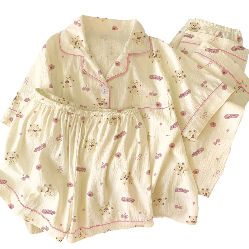 Japanese-style Cartoon-print Women's Spring Summer Short-sleeve Three-piece Loose-fit Loungewear Set