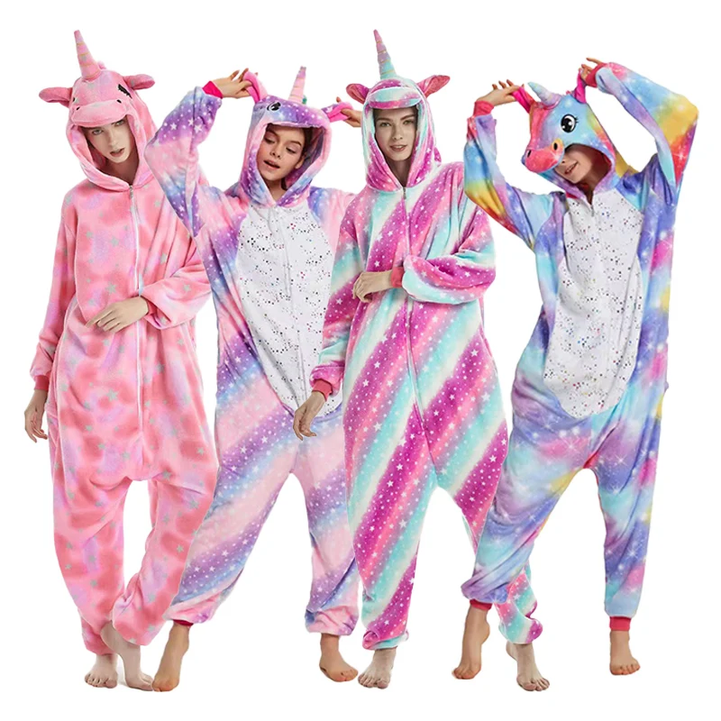 Kawaii Winter Fleece for Kigurumi Onesie Pijamas Girls' Cartoon Animal Jumpsuit Sleepwear Women's Woven Unicorn Pajama