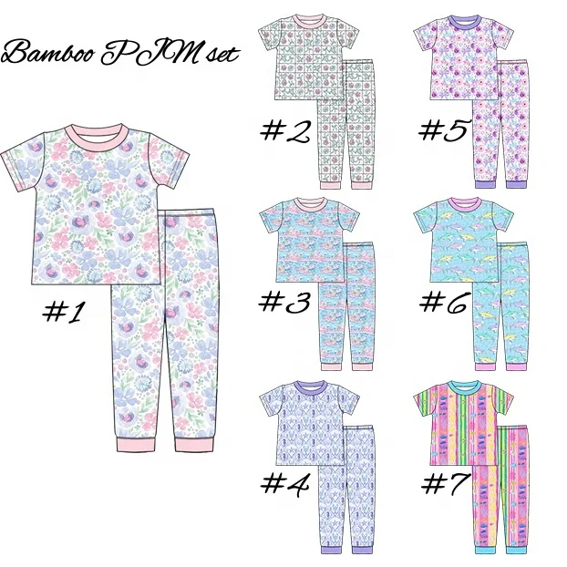 Kids 2PCS Casual Floral Bamboo Printed Sleepwear Set For Unisex Baby Girls Short Sleeves