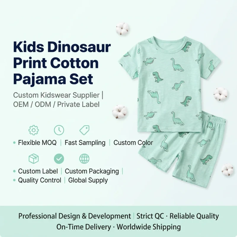 Kids Boys Summer Pajama Set 100% Cotton Soft Dinosaur Print Short Sleeve Top & Pants 2Pcs Outfit Size 2T-10Y