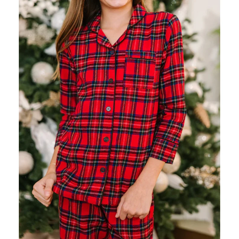 Kids Button Down Tartan Twill Pajamas Set Family Christmas Eve Plaid Print Matching Pajamas Set Girls Tartan Plaid Pajamas Set