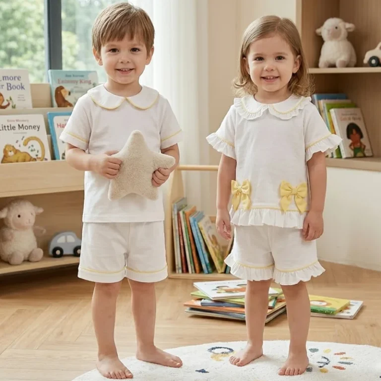 Kids-Pajamas-Set-Cotton-Short-Sleeve-Boys-Girls-Sleepwear-White-Summer-PJS-with-Yellow-Piping-Bows-Toddler-Nightwear-2pcs-Set