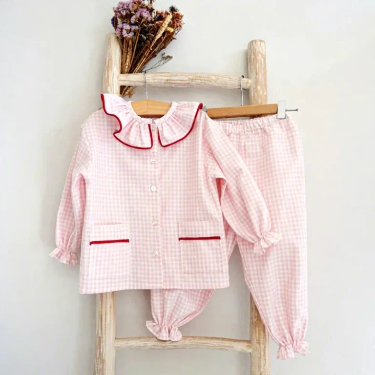 Kids-Pyjamas-Set-Pink-Gingham-Cotton-Frill-Collar-Christmas-Family-Set-Baby-Girls-Pajamas-Sets