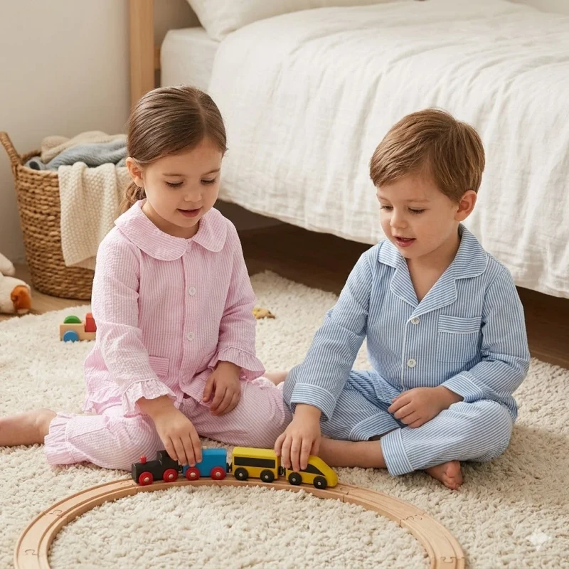 Kids Seersucker Pajamas Set Toddler Girl Boy Striped Sleepwear Long Sleeve Sibling Matching Loungewear Nightwear