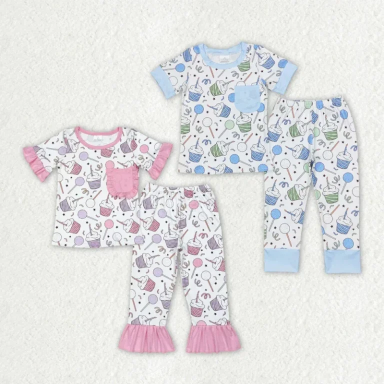 Kids-Toddler-Girls-Boy-Birthday-Pajamas-Cupcake-Print-Short-Sleeve-Top-and-Pants-2-Piece-Sleepwear-Sets