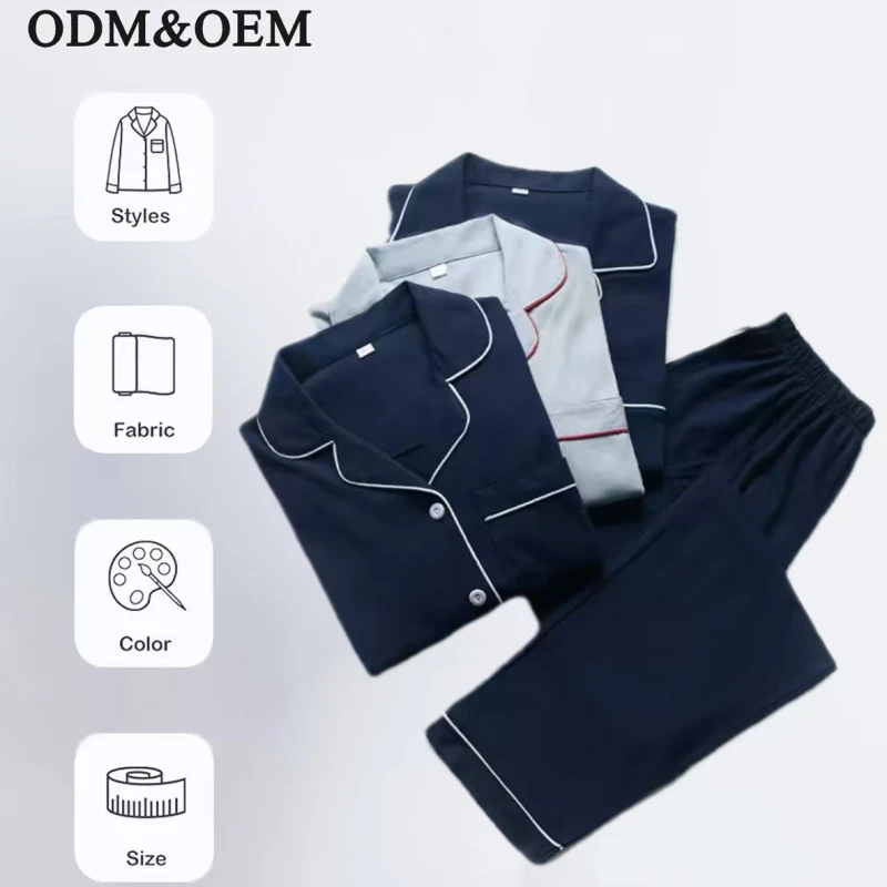 Knitted 100% Cotton Thermal Long Sleeve Pajamas Pockets Soft Breathable 180g Men's Sleepwear Set Casual Home Wear