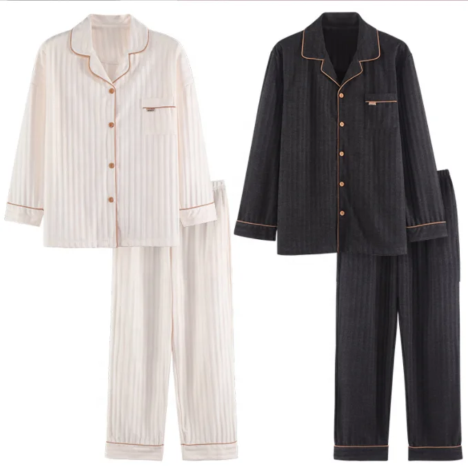 Knitted Cotton Couple Pajamas Women's Spring Autumn Long sleeved Men's Large Size Sleepwear Home Wear Set