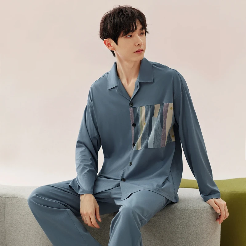 Knitted Fabric Men's Pajamas Spring and Autumn Lapel Loose Soft Breathable Homewear Suit