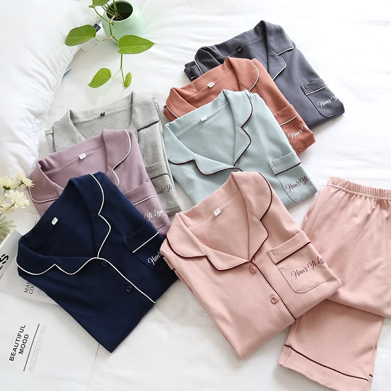 Korean Autumn Hot Selling Pure Cotton Long Sleeves Pants Pajamas Set for Men Women
