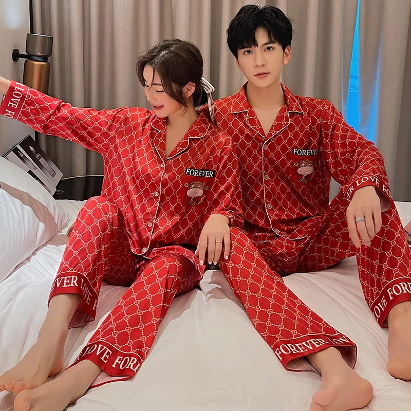 Korean Style Couple Pajamas Long Sleeve Ice Silk Spring Autumn Men's Large Size Thin Cartoon Cow Women 1081
