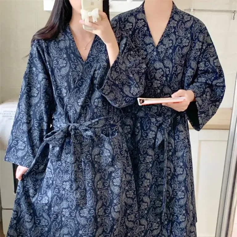 Korean-Style-INS-Floral-Print-Unisex-Full-Length-V-Neck-Elastic-Waist-Casual-Robe-100-Cotton-Breathable-Machine-Washable