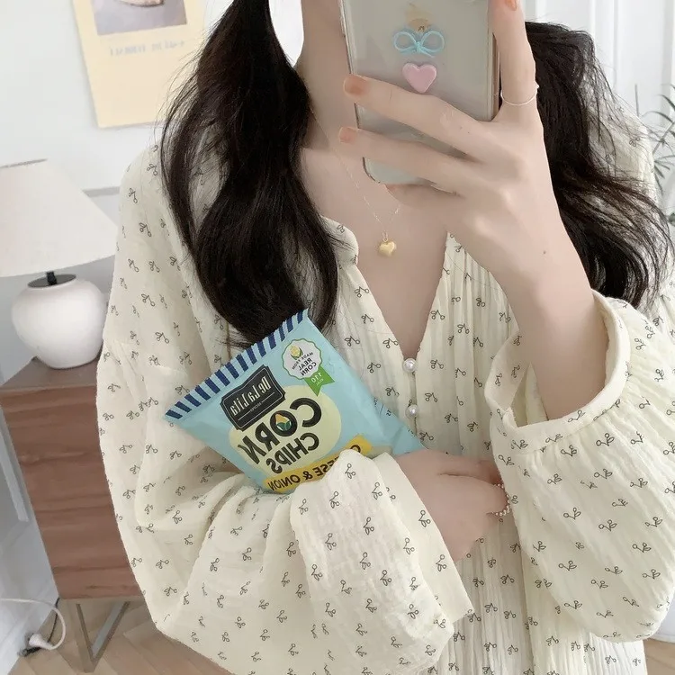 Korean Style ins Spring New Double Layer Cotton Gauze Loose Pearl Button Long Sleeve Nightdress Dress Pajamas Homewear