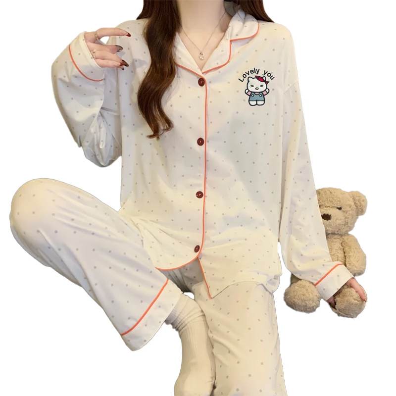 Korean-style Minimalist Polka Dot Cartoon Pajamas Autumn Long-sleeve Casual Homewear Set