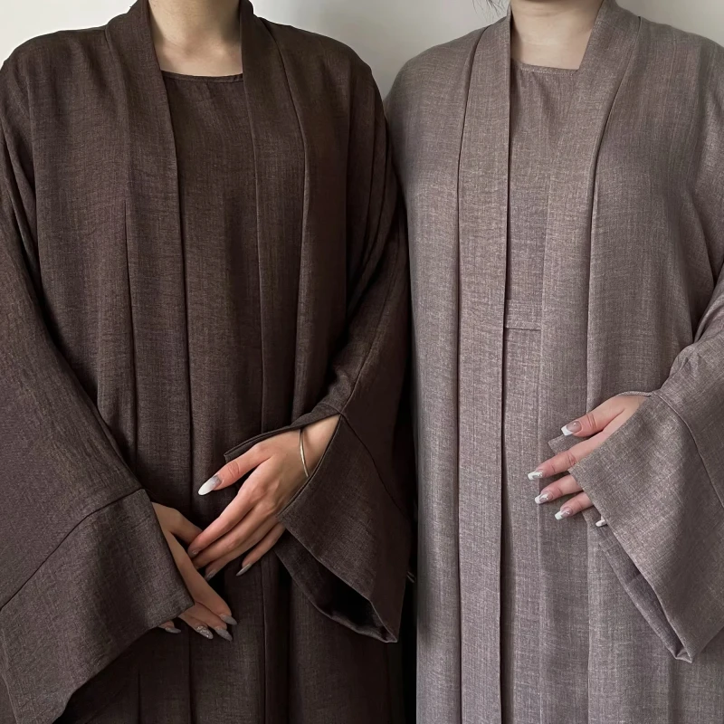 LM038 Muslim Ramadan Celebration Plain Women's Prayer Robe Three piece Set with Ruffled Linen Texture and Cardigan