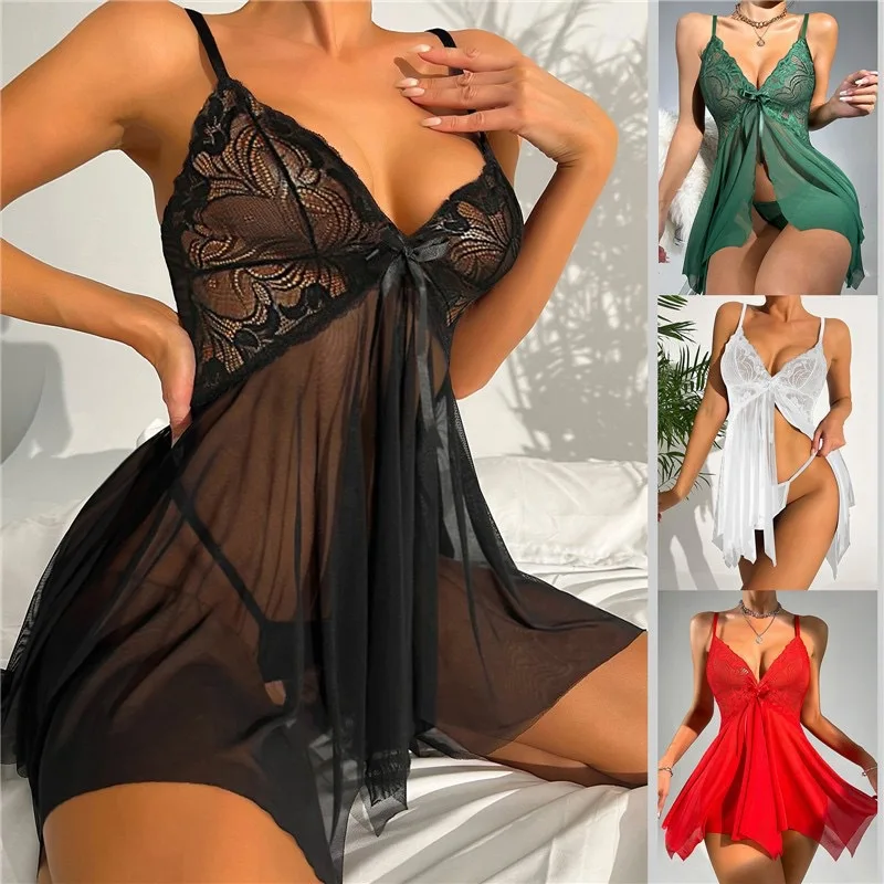Lace Bow Wrap Chest Sexy Sling Pajamas Deep V-Neck Translucent Red Large Size European-American Style Home Underwear