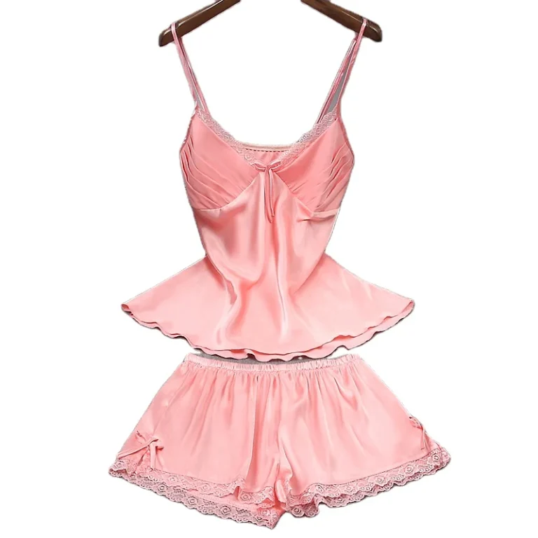 Lace-Women-High-Quality-Soft-V-Neck-Lace-Sexy-Silk-Satin-Camisole-Set-Satin-Pajamas-Set-Sexy-Braces-Shorts-Short-Nighties-Set