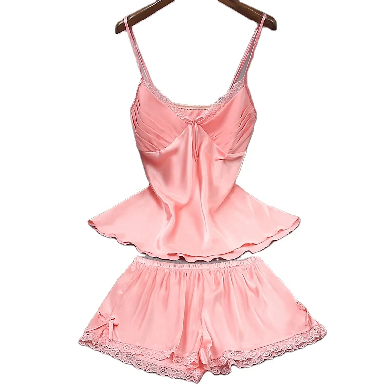 Lace Women High Quality Soft V Neck Lace Sexy Silk Satin Camisole Set Satin Pajamas Set Sexy Braces Shorts Short Nighties Set
