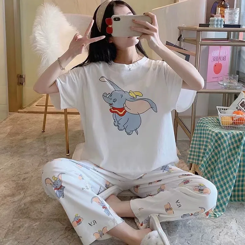 Ladies and Girls Breathable Pijamas Printed Nightdress Polyester Home Wear Short sleeved Pant Suit Plus Size