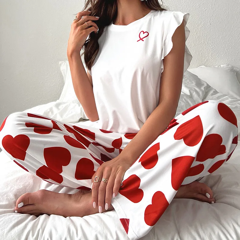Ladymate ODM OEM Conjunto De Pijama Para Mujer Women's Ruffle Cap Sleeve Loungewear Heart Print Pajama Sets 2 Piece Sleepwear