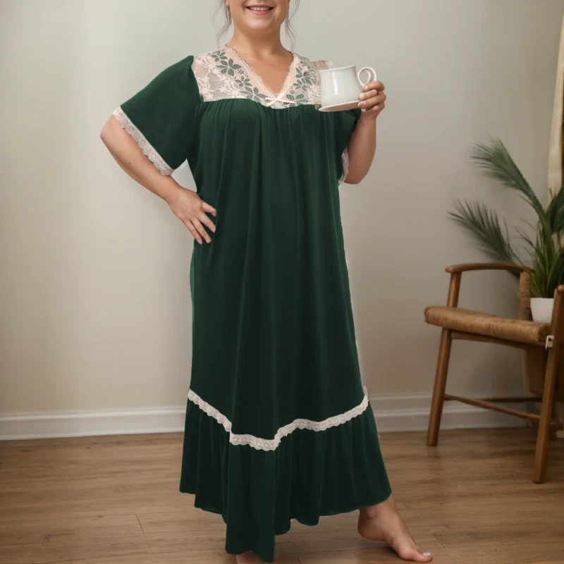 Large Size Ladies Elegant Two-color Lace Stitching Milk Silk Fabric Dark Green Mid-length Nightdress