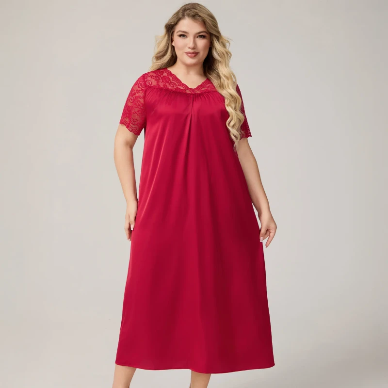 Large Size Women's Solid Breathable Elastic Waist Pajamas Ice Silk Short-sleeved Nightdress