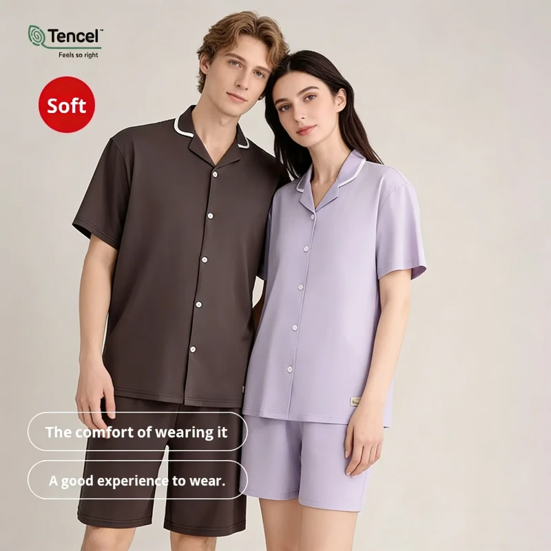 Lenzing Modal Fabric Pajamas Set Men's Women's Summer Short Sleeved Turn Down Collar Couple Home Elastic Waist Fashion