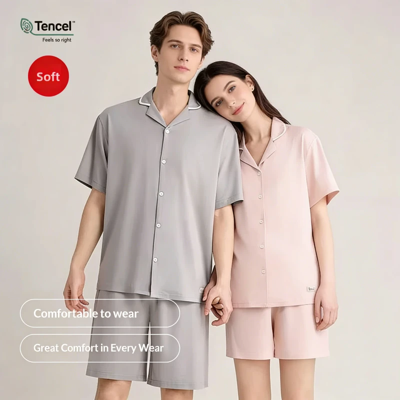 Lenzing Modal Fabric Pajamas Set Men's Women's Summer Short-sleeved Turn-down/Polo Collar Couple Home Breathable Loose