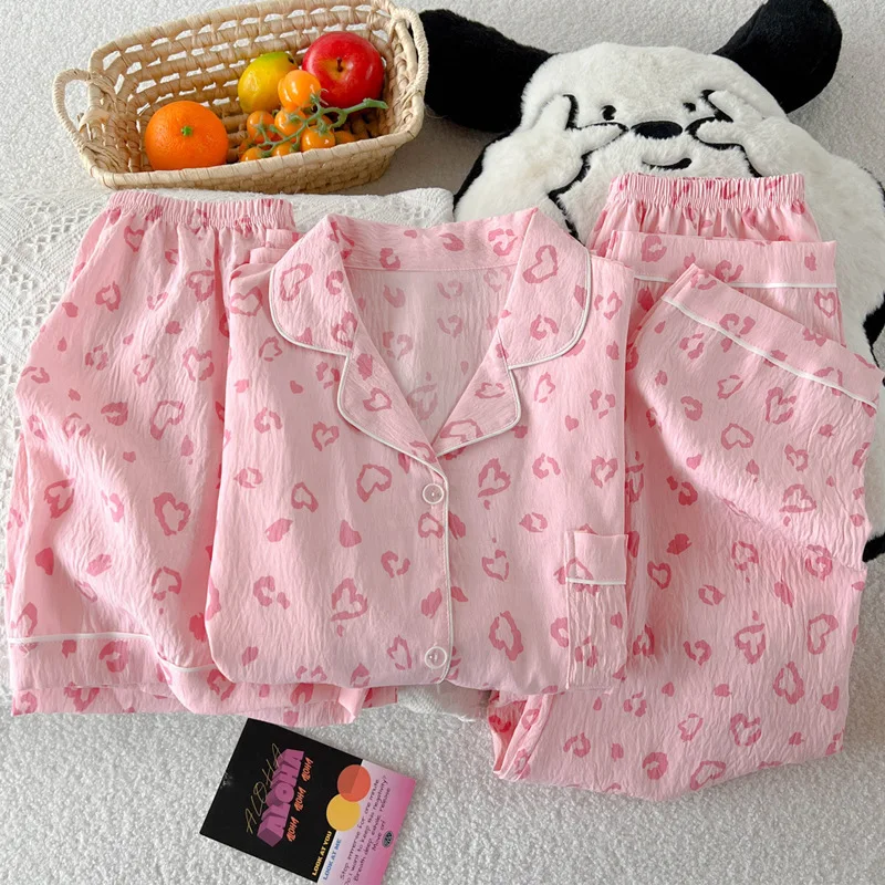 Leopard Print Women's Summer Short Sleeved Korean Style Pajamas and Loungewear Three Piece Set